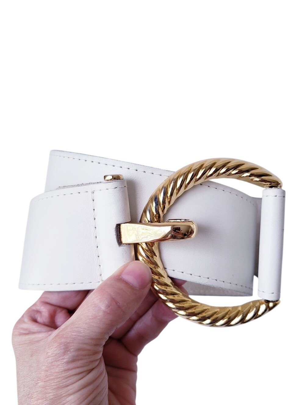 Vintage Units White Leather Belt With Gold Buckle
